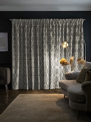 Grey Next Collection Luxe Heavyweight Geometric Cut Velvet Pencil Pleat Lined Curtains - Image 2 of 5