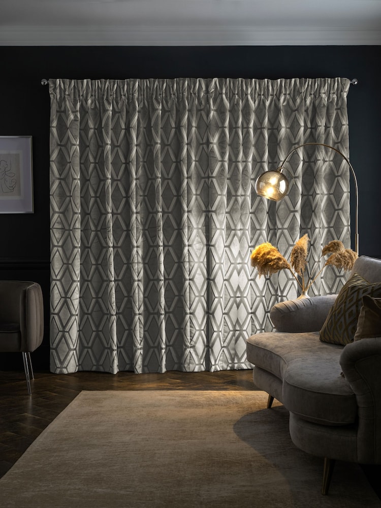 Grey Next Collection Luxe Heavyweight Geometric Cut Velvet Pencil Pleat Lined Curtains - Image 2 of 5