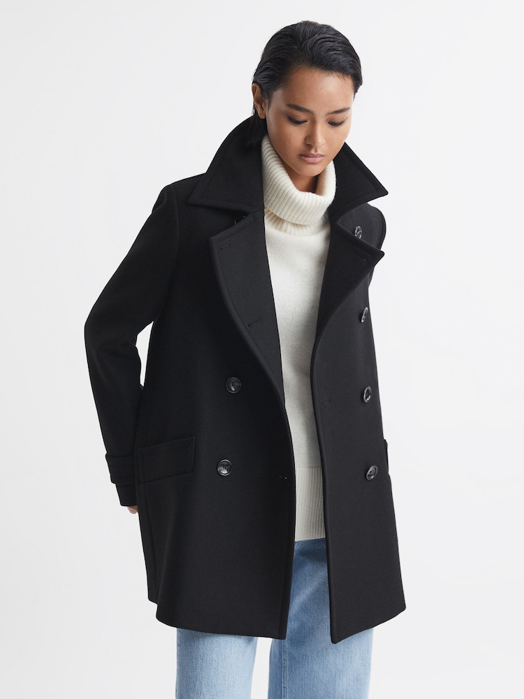Reiss Black Maisie Wool Blend Double Breasted Coat - Image 1 of 5