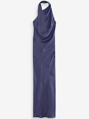 Navy Blue Satin Halter Neck Midi Dress - Image 1 of 1
