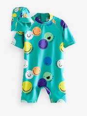 Blue Smile Face Sunsafe 2pc Swimsuit & Hat (3mths-7yrs) - Image 1 of 4