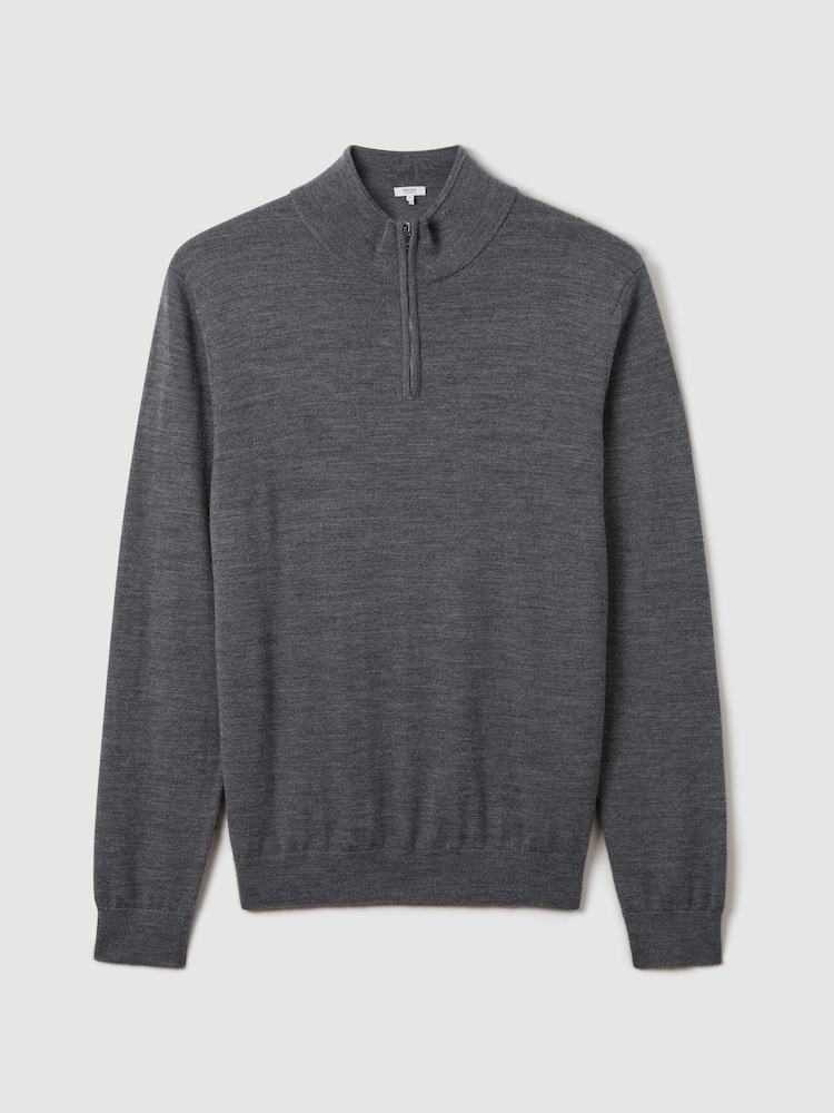 Reiss Mid Grey Melange Maxwell Merino Wool Half-Zip Polo Shirt - Image 2 of 6