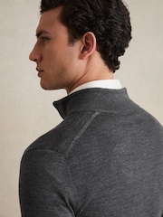 Reiss Mid Grey Melange Maxwell Merino Wool Half-Zip Polo Shirt - Image 3 of 6