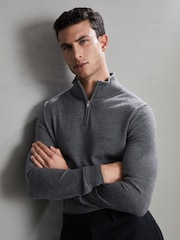 Reiss Mid Grey Melange Maxwell Merino Wool Half-Zip Polo Shirt - Image 6 of 6