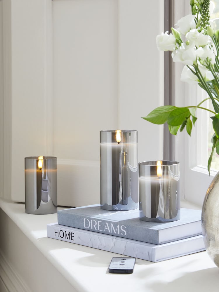Set of 3 Charcoal Grey Glass LED Candles - Image 1 of 2