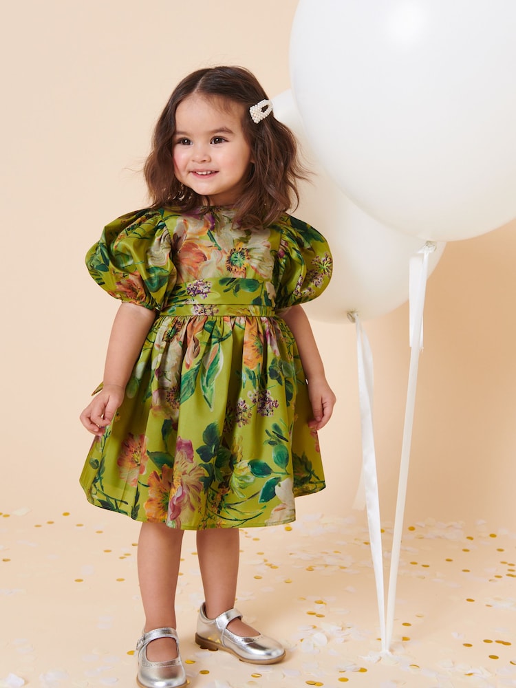 Olive Green Floral Print Taffeta Dress (3mths-8yrs) - Image 1 of 7
