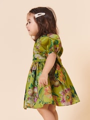 Olive Green Floral Print Taffeta Dress (3mths-8yrs) - Image 2 of 7