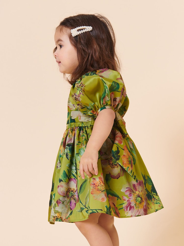 Olive Green Floral Print Taffeta Dress (3mths-8yrs) - Image 2 of 7