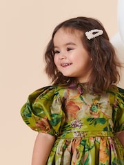 Olive Green Floral Print Taffeta Dress (3mths-8yrs) - Image 3 of 7