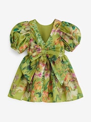 Olive Green Floral Print Taffeta Dress (3mths-8yrs) - Image 6 of 7