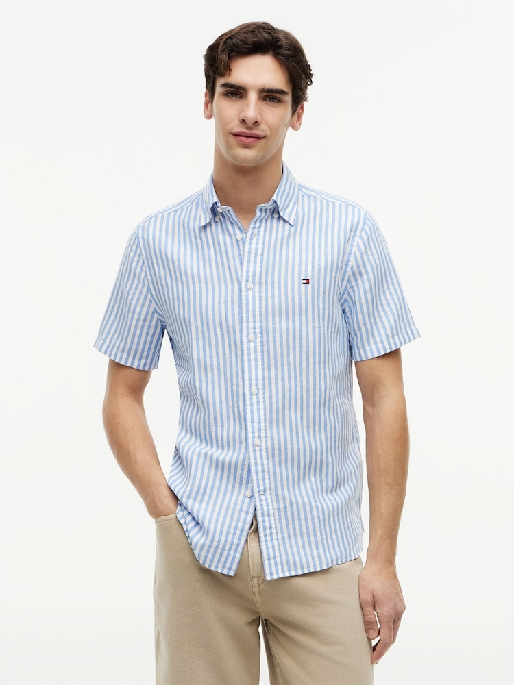 Tommy Hilfiger Blue Regular Linen Blend Bengal Stripe Short Sleeve Shirt - Image 1 of 5 Tommy Hilfiger Blue Regular Linen Blend Bengal Stripe Short Sleeve Shirt - Image 1 of 5