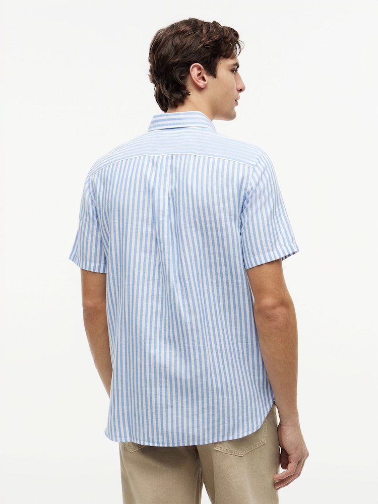 Tommy Hilfiger Blue Regular Linen Blend Bengal Stripe Short Sleeve Shirt - Image 2 of 5 Tommy Hilfiger Blue Regular Linen Blend Bengal Stripe Short Sleeve Shirt - Image 2 of 5