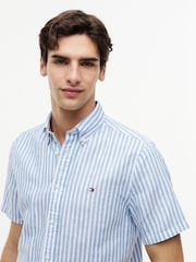 Tommy Hilfiger Blue Regular Linen Blend Bengal Stripe Short Sleeve Shirt - Image 4 of 5