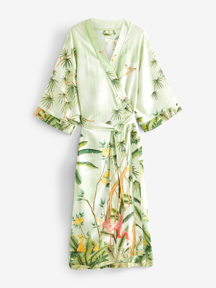 Buy Sage Green Flamingo Print Linen Blend Robe from the Next UK - Main Image