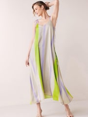 Multi Bright Satin Painterly Stripe Print Midi Slip Dress - Image 1 of 3