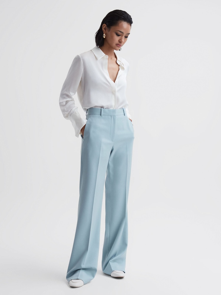 Reiss Blue Clara Wide Leg Wool Blend Trousers - Image 1 of 5