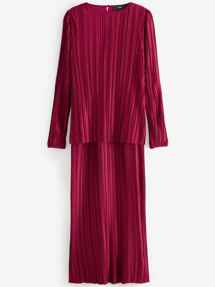 Raspberry Pink Satin Plissé Layered Longline Dress - Image 9 of 9