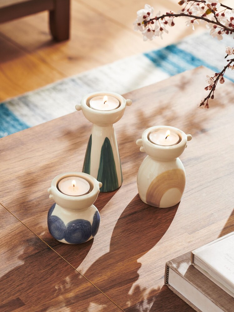 Blue Patterned Tea Light Holders Set of 3 - Image 1 of 4
