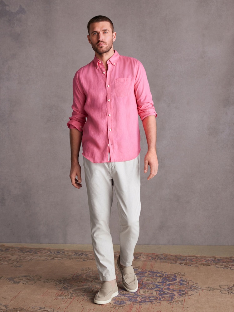Pink Standard Collar Signature 100% Linen Long Sleeve Shirt - Image 2 of 9