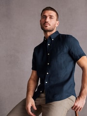 Navy Standard Collar Signature 100% Linen Short Sleeve Shirt - Image 1 of 8