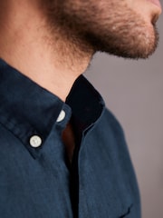 Navy Standard Collar Signature 100% Linen Short Sleeve Shirt - Image 5 of 8
