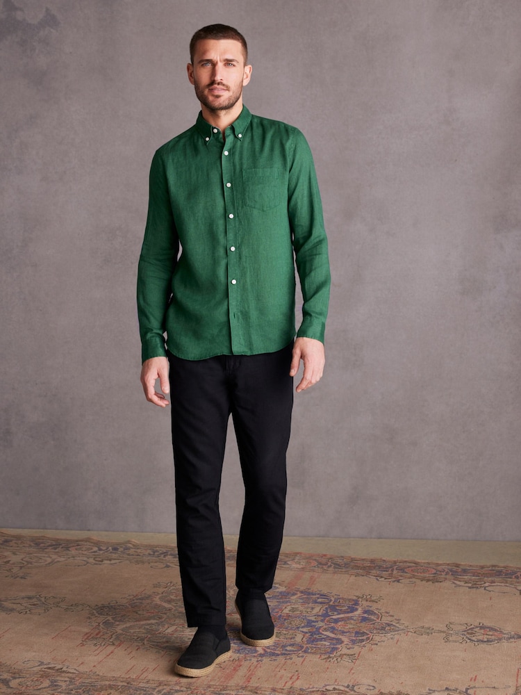 Green Standard Collar Signature 100% Linen Long Sleeve Shirt - Image 2 of 9