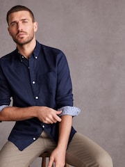 Navy Blue Signature 100% Linen Long Sleeve Oxford Shirt - Image 1 of 9
