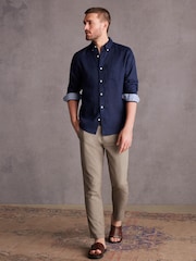 Navy Blue Signature 100% Linen Long Sleeve Oxford Shirt - Image 2 of 9