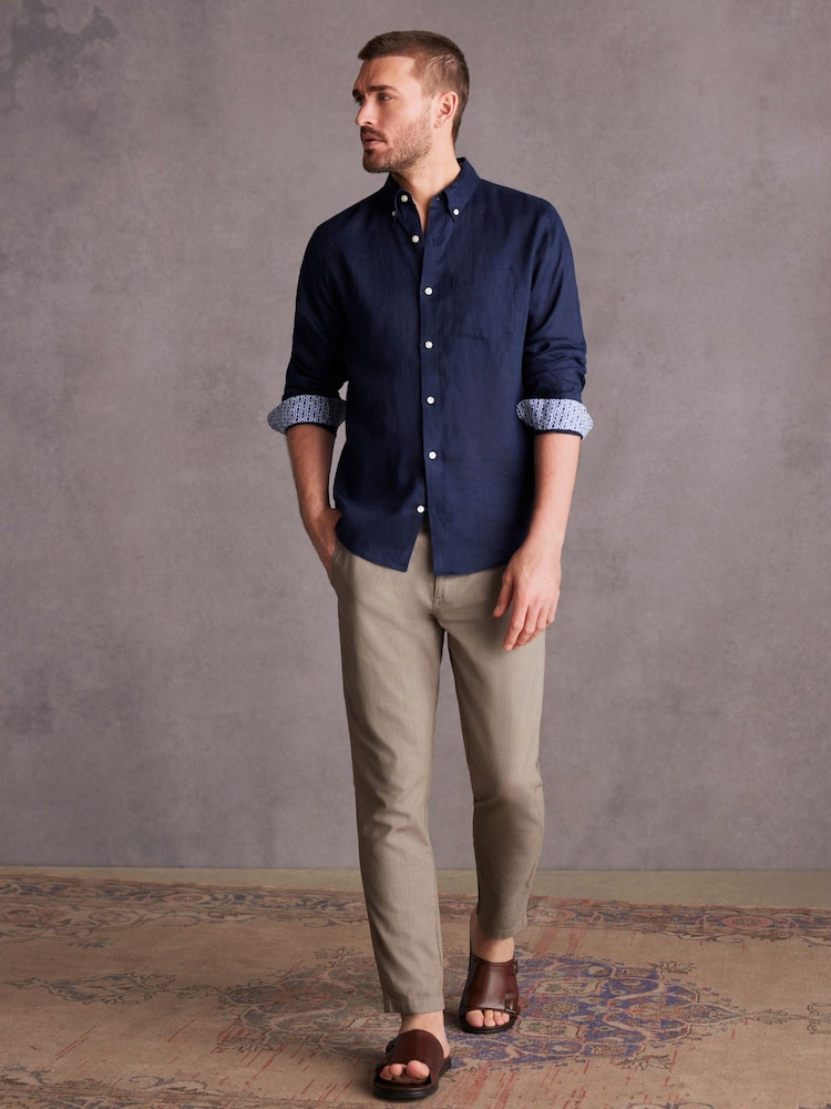 Navy Blue Signature 100% Linen Long Sleeve Oxford Shirt - Image 2 of 9 Navy Blue Signature 100% Linen Long Sleeve Oxford Shirt - Image 2 of 9