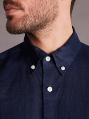 Navy Blue Signature 100% Linen Long Sleeve Oxford Shirt - Image 5 of 9
