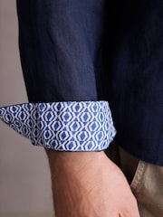 Navy Blue Signature 100% Linen Long Sleeve Oxford Shirt - Image 6 of 9