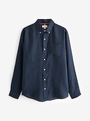 Navy Blue Signature 100% Linen Long Sleeve Oxford Shirt - Image 7 of 9