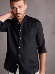 Black Grandad Collar Signature 100% Linen Long Sleeve Shirt - Image 1 of 8