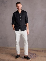 Black Grandad Collar Signature 100% Linen Long Sleeve Shirt - Image 2 of 8