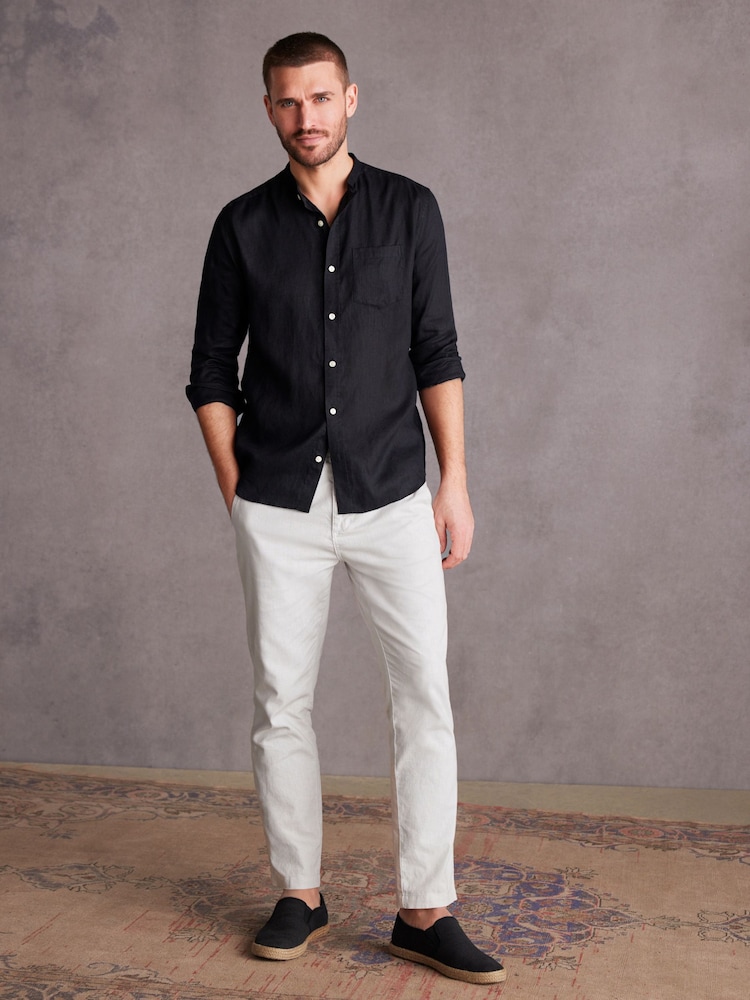 Black Grandad Collar Signature 100% Linen Long Sleeve Shirt - Image 2 of 8