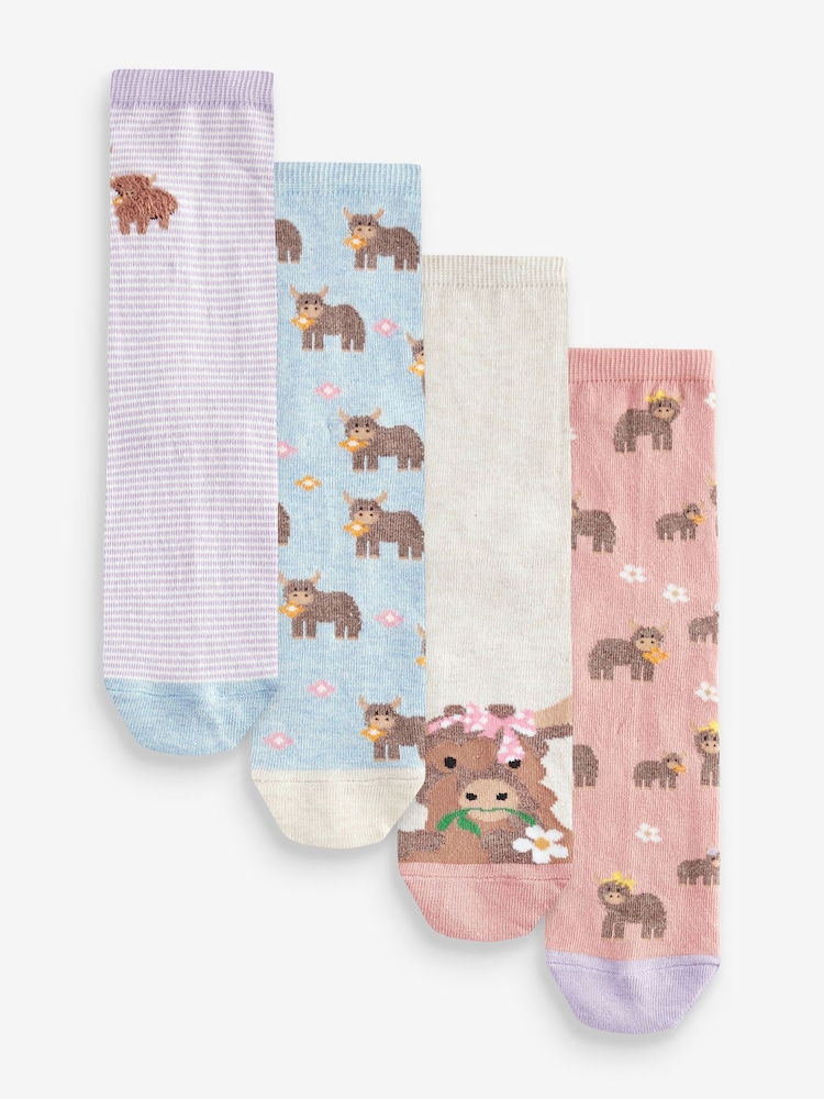 Pink/Lilac/Oatmeal Hamish the Highland Cow Ankle Socks 4 Pack - Image 1 of 5