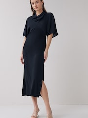 Black Cowl Neck Short Sleeve Midi Dress - Image 1 of 4