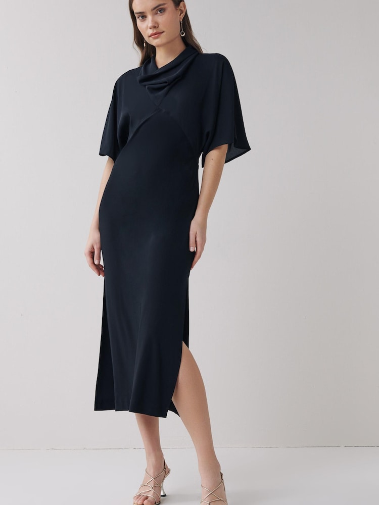 Black Cowl Neck Short Sleeve Midi Dress - Image 1 of 4