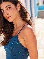 Navy Blue Palm Print Strappy Cami Playsuit - Image 4 of 5