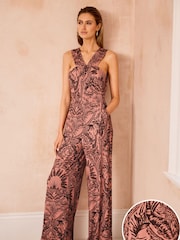 Pink Palm Print V-Neck Wide Leg Sleeveless Jumpsuit - Image 1 of 5
