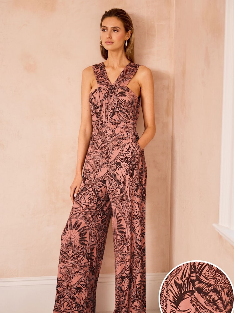 Pink Palm Print V-Neck Wide Leg Sleeveless Jumpsuit - Image 1 of 5 Pink Palm Print V-Neck Wide Leg Sleeveless Jumpsuit - Image 1 of 5