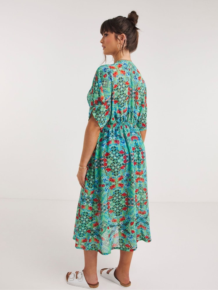 Figleaves Frida Langer Strandkaftan mit Blumenprint, Grün - Bild 2 von 4