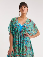Figleaves Frida Langer Strandkaftan mit Blumenprint, Grün - Bild 3 von 4