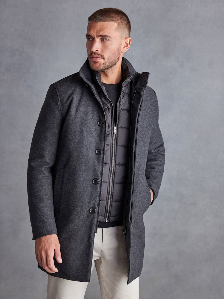 Charcoal Grey Signature Italian Wool Rich Funnel Neck Coat With Removable Gilet - Image 1 of 14