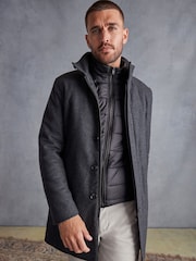 Charcoal Grey Signature Italian Wool Rich Funnel Neck Coat With Removable Gilet - Image 3 of 14