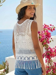 Roman White Crochet Tassel Knit Top - Image 3 of 4