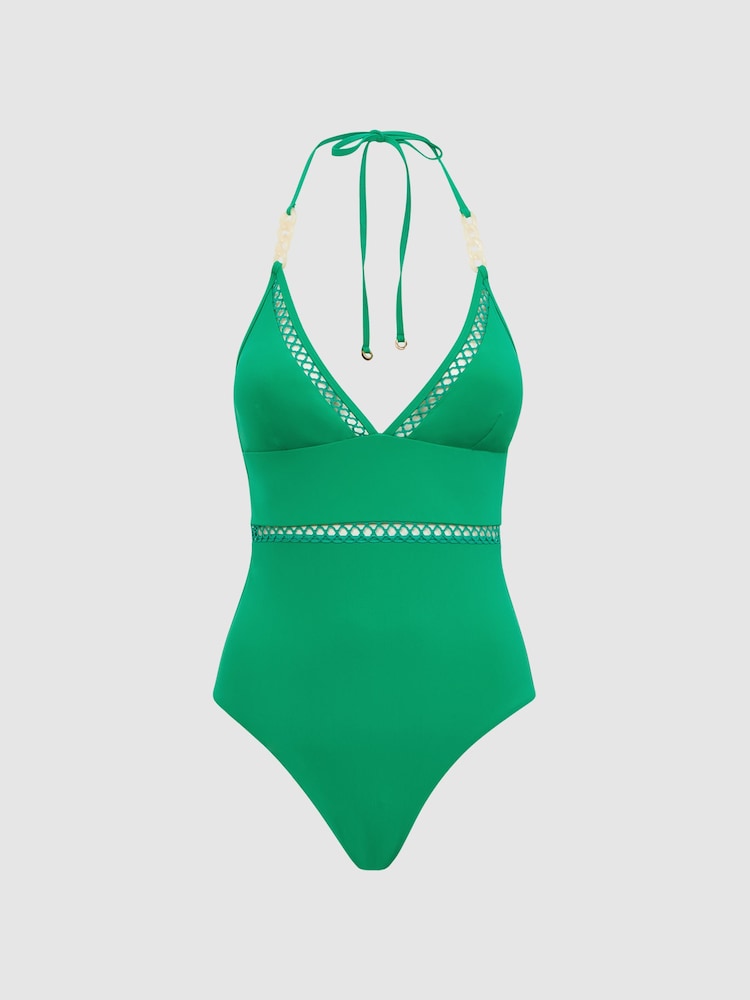 Reiss Green Ray Colourblock Halter Swimsuit - Image 2 of 4