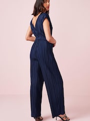 Navy Blue Plissé Belted Jumpsuit - Image 2 of 5