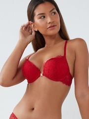 Red Push Up Pad Plunge Triple Boost Front Fastening Lace Bra - Image 2 of 5