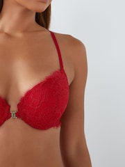Red Push Up Pad Plunge Triple Boost Front Fastening Lace Bra - Image 4 of 5